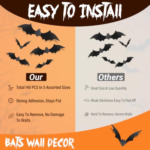 140PCS 3D Bat Wall Decals for Halloween Decor - Scary & Cute