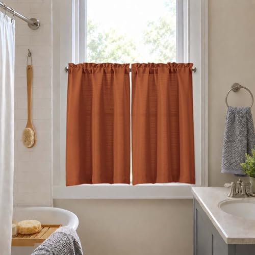 Orange Faux Linen Kitchen Curtains - 36 Inch Short Tier Pair