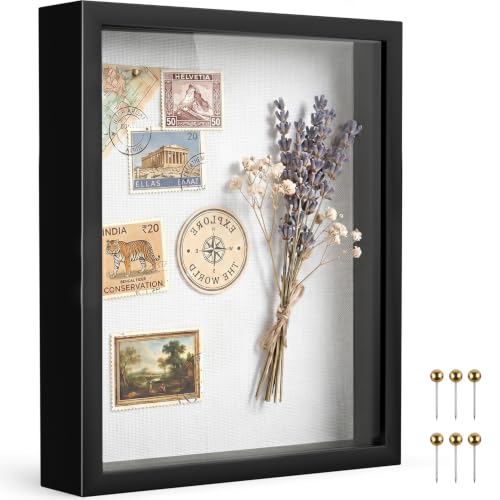 Kormuge 8x10 Shadow Box Display Frame - Black Linen Memory Box with Pins