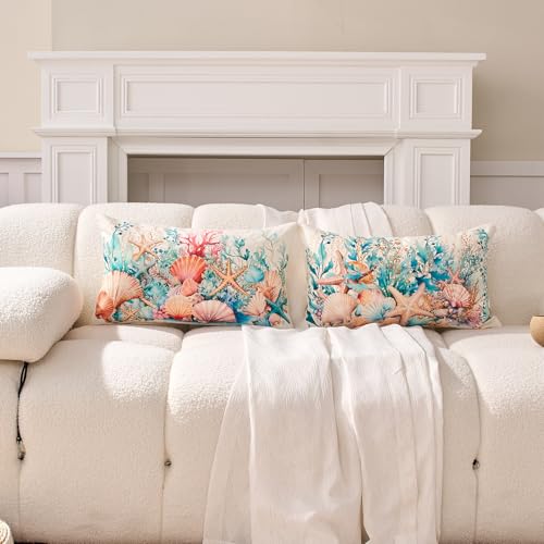 Coastal Lumbar Pillow Covers 12x20 Inch Set of 2, Beach Nautical Cushion Cases