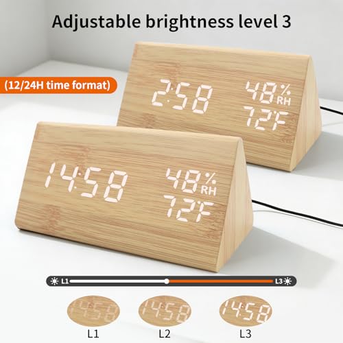 KESHIDE Bamboo Digital Alarm Clock, LED Electric Desk Clock with Dimmer