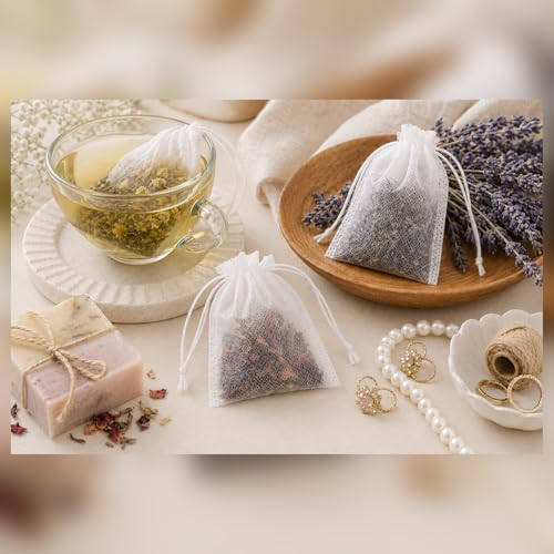 100 Disposable Muslin Tea Filter Bags with Drawstrings - 6x8cm