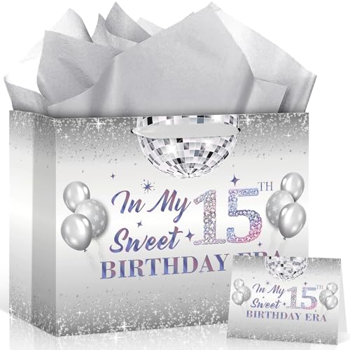 Iridescent 15th Birthday Gift Bag Set with Wrapping Paper and Card