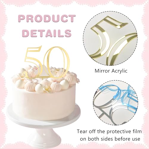 Gold Acrylic Number 50 Cake Topper for 50th Anniversaries & Birthdays