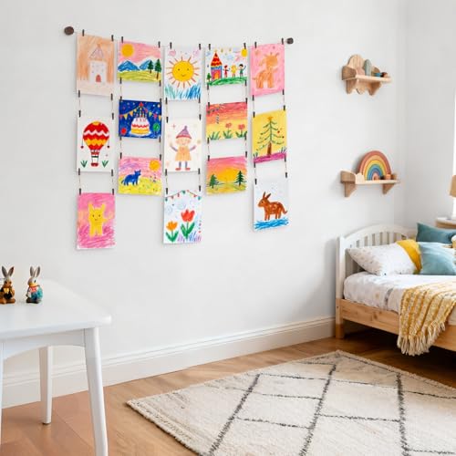 Mkono Kids Art Display Hanging Rope with 34 Clips, Dark Brown Boho Wall Decor