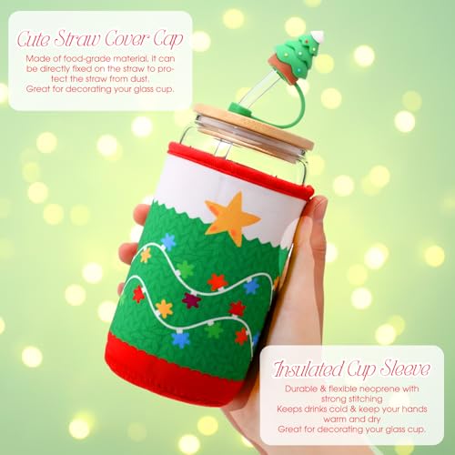 Christmas Glass Cup with Lid & Straw - 16oz Novelty Xmas Drinkware with Sleeve & Gift Box