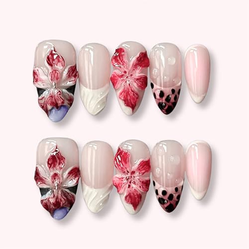 3D Floral Press On Nails Medium Almond French Tip False Nails