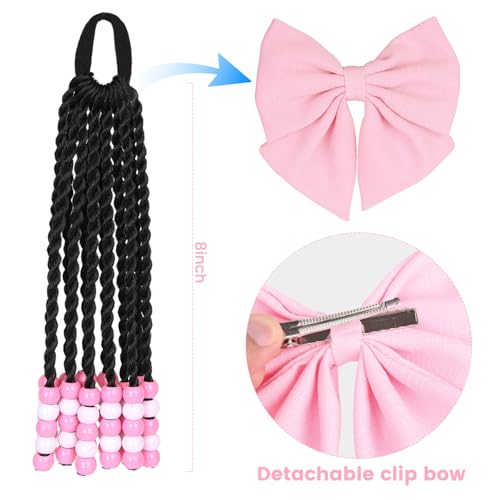 Synthetic Braided Ponytail Extension with Beads and Bows - Pink