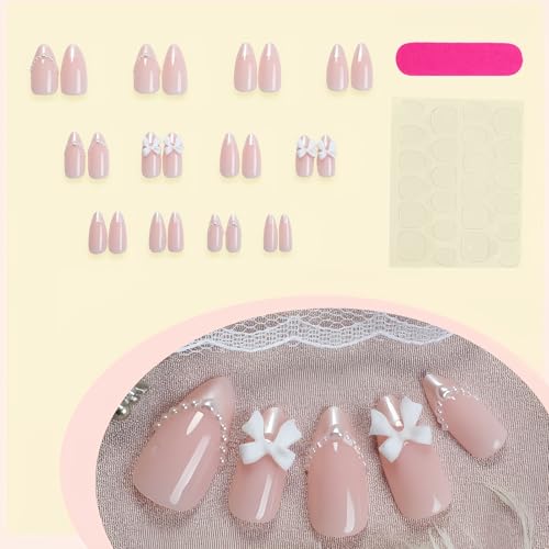Nude Pink Press On Nails with French Tip & 3D Bow - 24Pcs Medium Almond