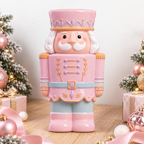 Pink Christmas Nutcracker Cookie Jar - 12 Inch Ceramic Holiday Storage Container