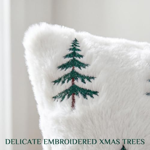 White Faux Fur Christmas Pillow Covers 18x18 Inches Set of 2 - Embroidered Tree