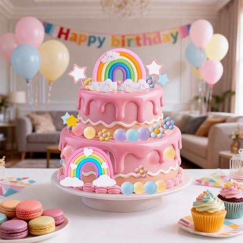 39-Piece Rainbow Cake Topper Set with Pastel Balls & Flowers
