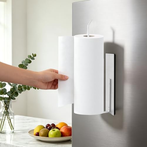 Magnetic Paper Towel Holder - White, Wall Mount Kitchen Organizer