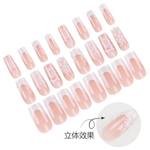White French Tip Press On Nails Medium Square 3D Flower Bow False Nails