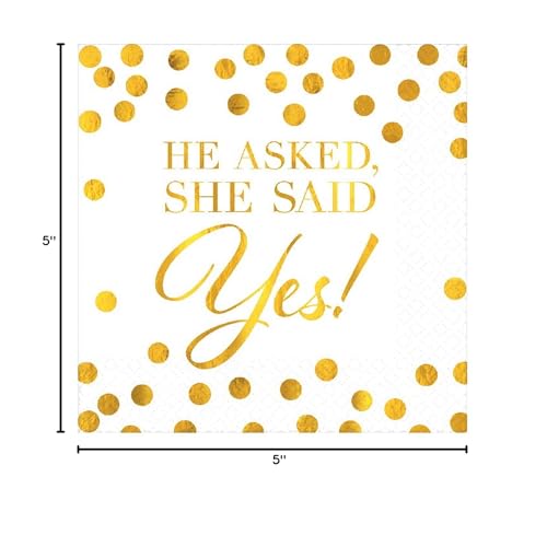 Elegant Gold & White "He Asked, She Said Yes!" Hot Stamped Beverage Napkins - 5" x 5" (Pack Of 192), Sturdy Paper Materials - Perfect For Weddings & Engagements Celebrations