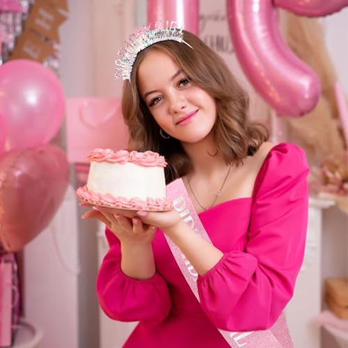 COCIDE Pink Glitter Birthday Girl Headband and Sash Set Tiara Gift