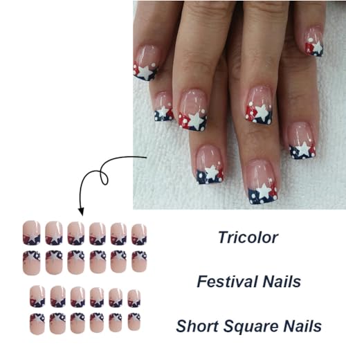 4th of July Short Square Press on Nails with Patriotic Flag Designs