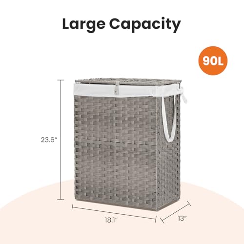 Laundry Hamper with Lid, 90 L Large Capacity Hamper, Rattan Laundry Basket with Compartments & Handles, Foldable, Removable Liner, Dove Gray