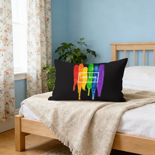 Love Wins Rainbow Throw Pillow Cover, 12x20 Inch Burlap Pride Cushion Case