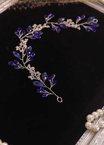 Kercisbeauty Blue Crystal Wedding Headband Silver Hair Piece for Women