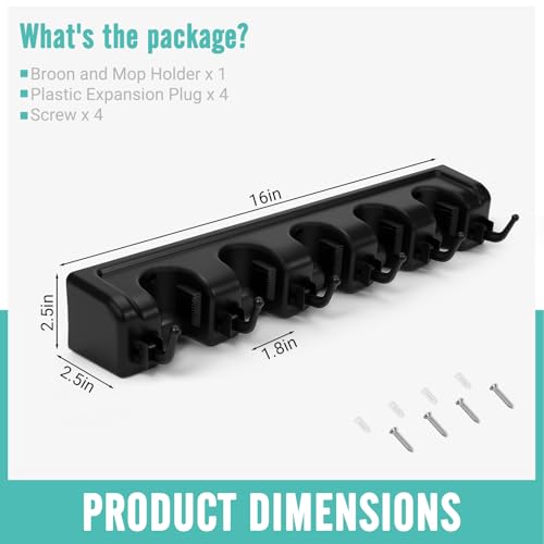 InPoTo Wall Mount Broom Holder, 5 Slots 6 Hooks Mop Organizer Rack (1-Pack)