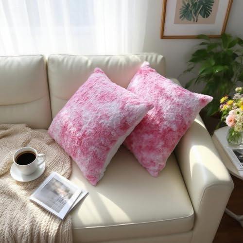 QIFONIX Rose Textured Faux Fur Throw Pillow Covers, Pink & White, 18x18