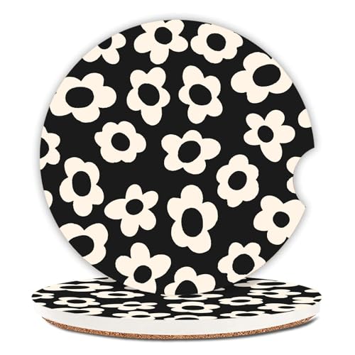 Absorbent Car Coasters 2 Pack - White Flower Ceramic & Cork Drink Holders