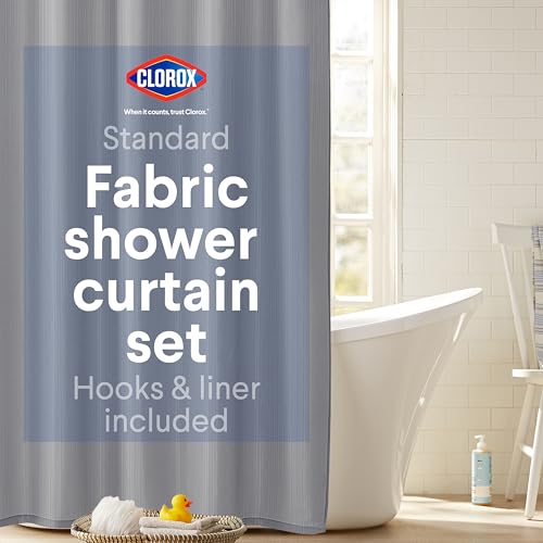 CLOROX Bathroom Shower Curtain with Waterproof Lightweight PEVA Liner Set, Standard Size for Bathroom, with Weighted Magnets and 12 Metal Hooks - 70" x 72" Grey