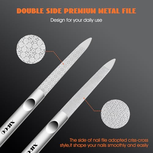 XIPOO Stainless Steel Metal Nail Files Set with Pointed Tip and Anti-Slip Handle for Natural and Acrylic Nails