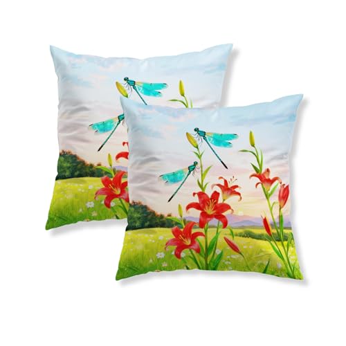 Spring Dragonfly Throw Pillow Covers 18x18 Red Floral Decorative Cushion