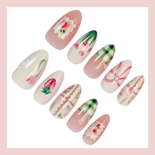 Green Plaid French Tip Press on Nails Medium Almond Fake Nails with Pearls