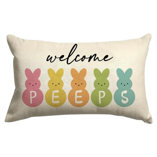 Easter Bunny Welcome Peeps Linen Throw Pillow Cover - 16x24 Inch