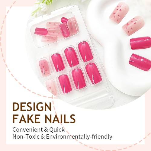 Pink Floral Press on Nails Short Square Fake Nails Set with Glue