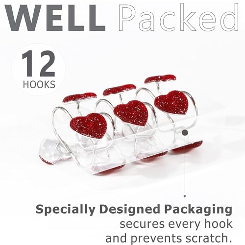 Red Heart Shower Curtain Hooks with Crystal Rhinestones - 12 Pcs