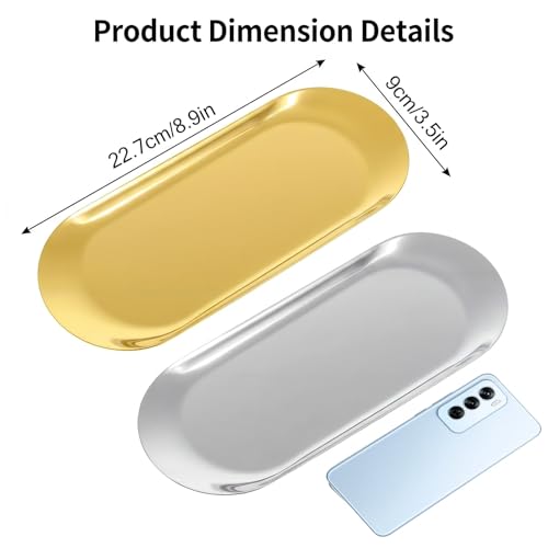 2 Pcs Gold & Silver Decorative Trays - Oval Stainless Steel Organizer