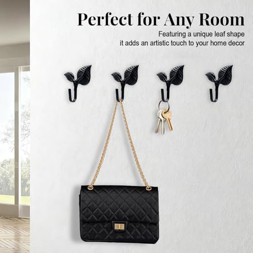 4-Pack Black Iron Leaf Wall Hooks - Heavy Duty Towel Hooks, 2.94 Inches