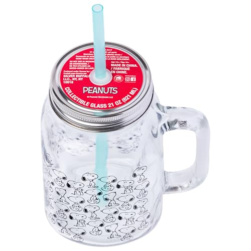 Silver Buffalo Peanuts Snoopy Glass Jar with Lid and Straw, 21 Ounces