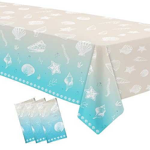 Beach Seashell Party Tablecloths, Disposable Ocean Theme Table Covers, 3 Pack