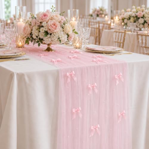 Pink Gauze Pearl Table Runner with Bow - 30x120 Inch for Weddings & Parties