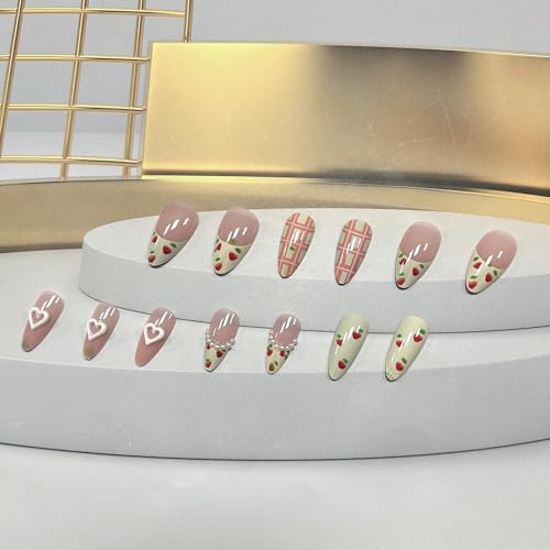 Long Almond Press on Nails Strawberry Pearl Design Glossy Fake Nails 24Pcs