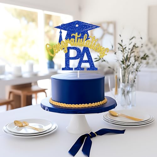 Congrats PA Cake Topper - Blue and Gold Glitter Graduation Decoration