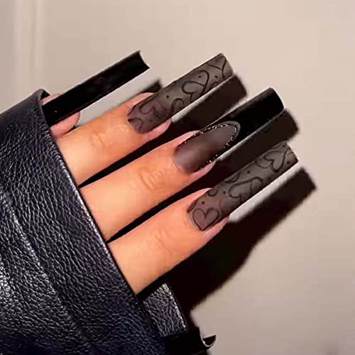 Black Long Coffin Press on Nails with Matte Heart Design 24Pcs