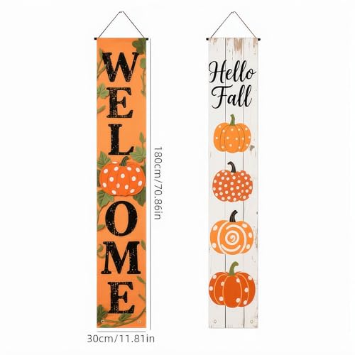 HOMETITUTE Fall Welcome Porch Banner Set 12x71 Inch Pumpkin 2 Pack
