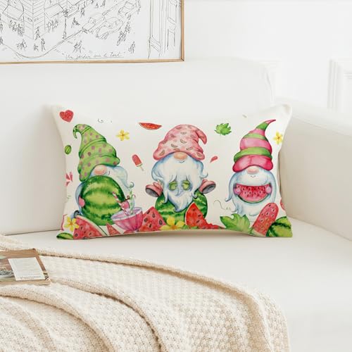 Summer Gnome Watermelon Pillow Cover 12x20 Inch Decorative Cushion