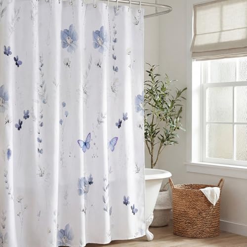 Watercolor Floral Shower Curtain - Lavender Flowers & Butterflies, 72x72 Inch