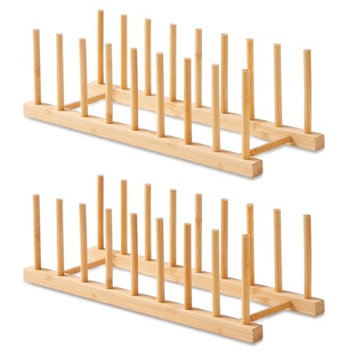 2 Pack Bamboo Dish Rack & Lid Organizer - Kitchen Storage Solution
