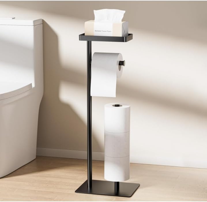 Skiennix Freestanding Toilet Paper Holder - Rustproof Metal Stand with Weighted Base | Fits 4 Rolls & Shelf for Phone