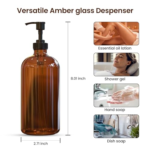 Sunrise Premium 16 oz Amber Glass Soap Dispenser Set with Black Plastic Pump