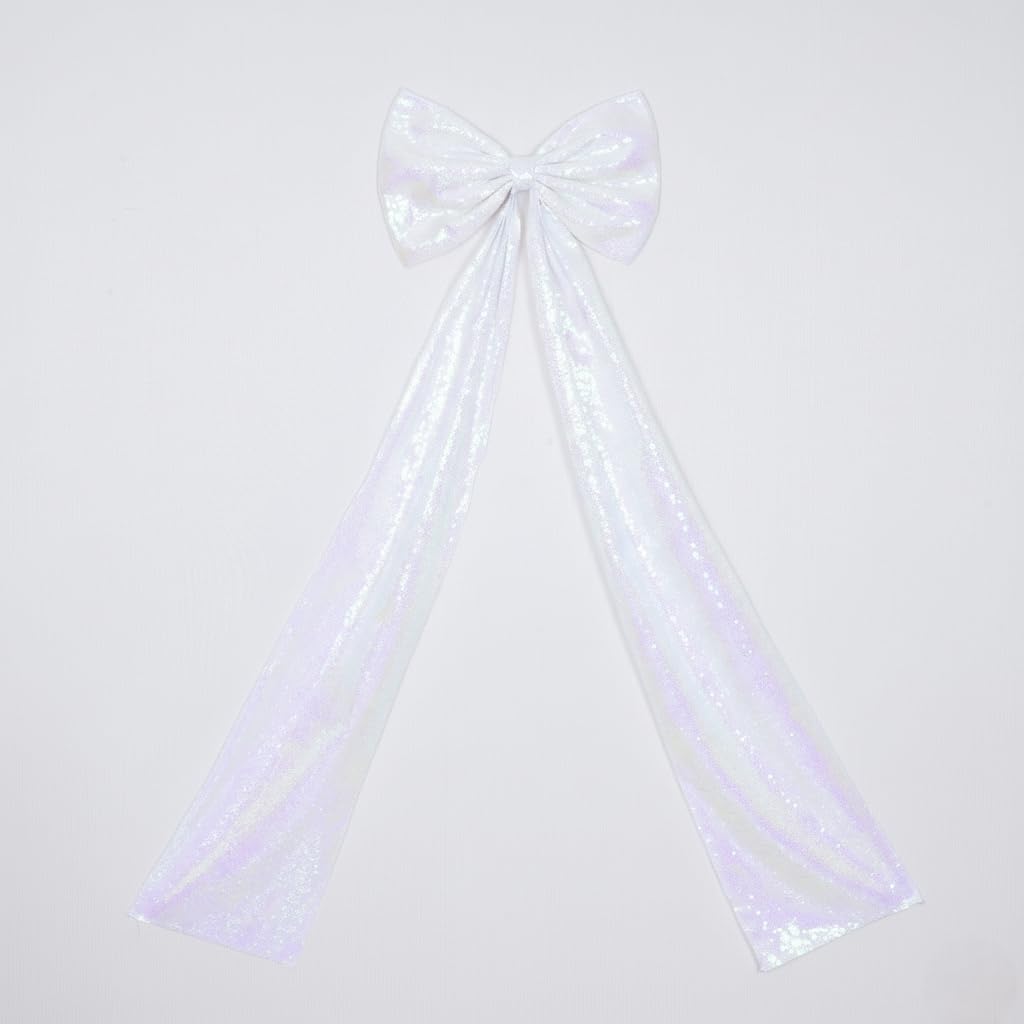 PartyDelight Large Bow Decorations - Big White Iridescent Sequin Ribbon Tie | 16x47 Inches for Christmas & Birthday Decor
