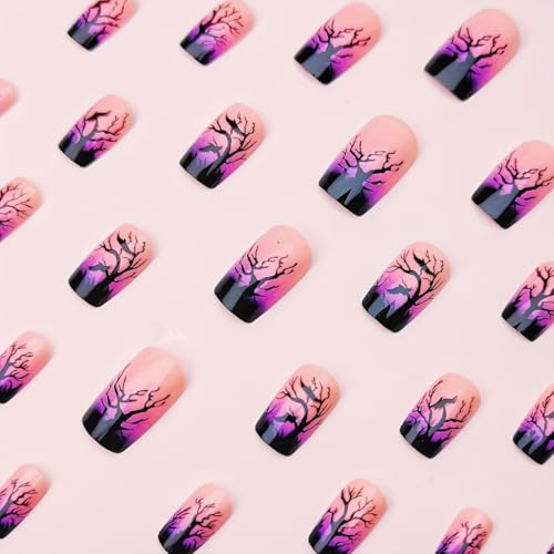 Halloween Press on Nails Medium Square Fake Nails Withered Tree 24 Pcs